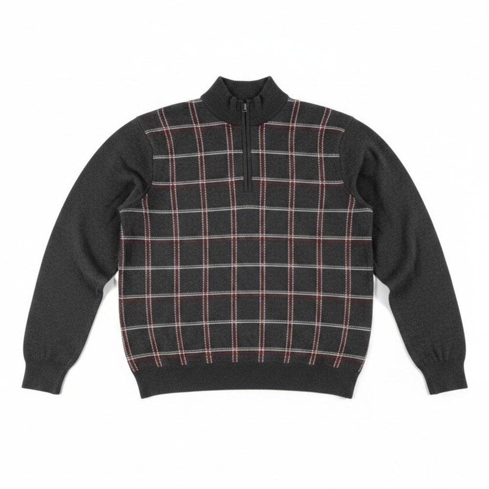 Greg Norman Quarter Zip Sweater, Charcoal‎ Gray Plaid Windowpane, Men's Large